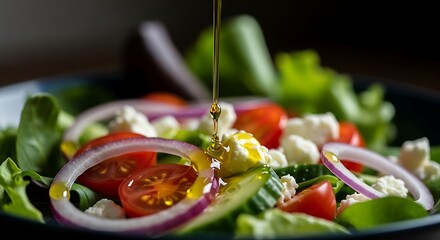 Freshness unveiled, drizzling olive oil on a vibrant greek salad bowl