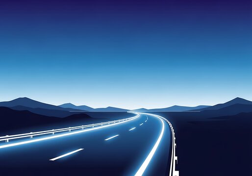 Ethereal illuminated highway leading to distant mountains in twilight