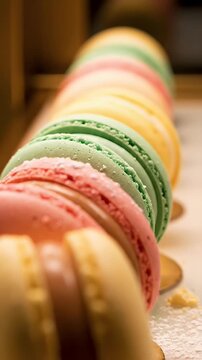 Close Up Footage Of Sweet Colorful Macarons In A Line With Powder Falling