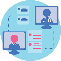 Telemedicine Consultation Concept with Doctor and Patient Communicating Through Computers on a Light Blue Circular Background