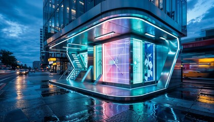 Futuristic storefront with neon lights and holographic display in bustling city at twilight