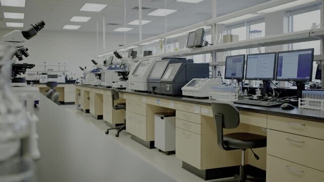 Modern, well-equipped laboratory with microscopes, computers, and various scientific instruments, ready for research and...