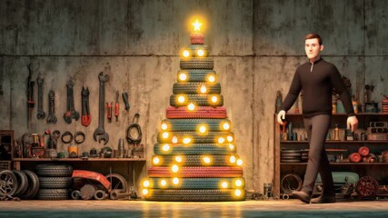 Creative christmas tree made of colorful tires in rustic garage decorated with tools - Powered by Adobe