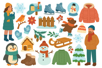 Cute winter clipart set with characters, animals, clothing, decorations, nature elements, and cozy seasonal items.