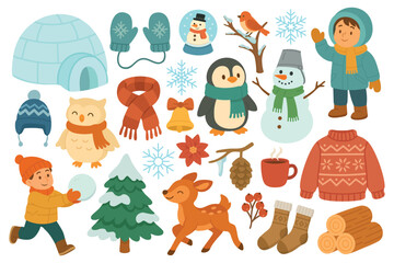 Cute winter clipart set with characters, animals, clothing, decorations, nature elements, and cozy seasonal details.