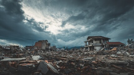 Fototapeta premium Devastated city after a disaster, ruins and stormy clouds above scene
