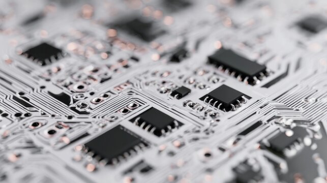 Macro shot of intricate electronic circuit board with microchips and connections