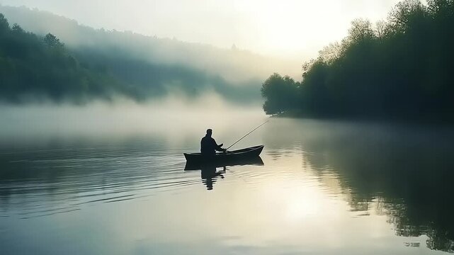 Fishing in Serenity A lone angler amidst the calm and misty lake, enveloped by lush forests