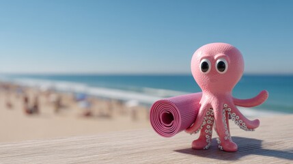 Playful Octopus Mascot Enjoying a Yoga Session by the Beach During a Sunny Day