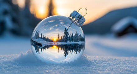 Winter wonderland christmas ornament reflecting sunset in snowy landscape