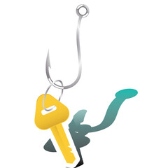 Silver Fishing Hook Dangling a Golden Key with a Teal Shadow on a Transparent Background