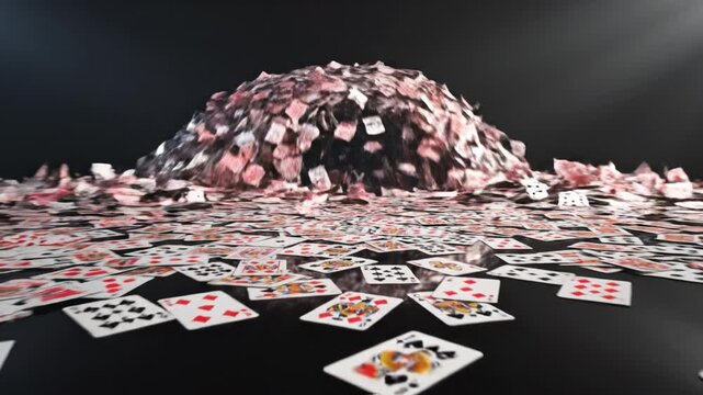 Playing card game poker gambling casino deck scattered red and black cards with hearts spades club diamond suits king queen jack ace card pile dynamic motion blur excitement risk chance luck