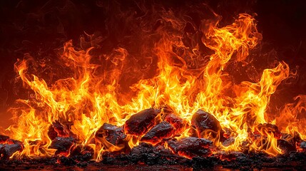 Fototapeta premium Intense Fiery Orange and Yellow Flames Engulfing Dark Embers