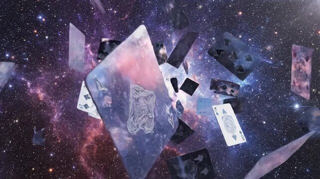 Playing card fragments floating surreal galaxy space with cosmic clouds and stars, mysterious cosmic scene featuring black and white cards drifting through colorful and imaginative space star nebula