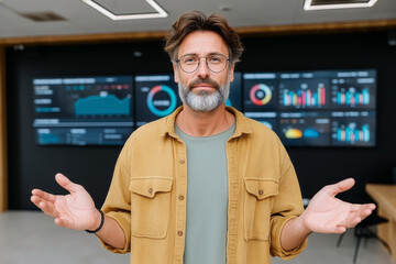 Confident business analyst presenting data with dashboard visuals in modern corporate conference room