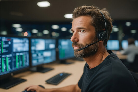 Focused customer service agent using headset while monitoring digital screens in modern operations center