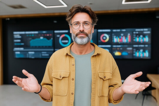 Confident business analyst presenting data with dashboard visuals in modern corporate conference room