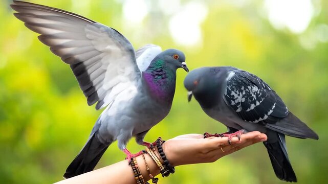 A serene video showing pigeons interacting with a human hand in a lush, green environment.