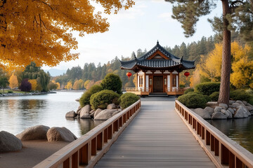 Fototapeta premium Scenic Chinese pavilion surrounded by golden autumn trees beside lake with footbridge and calm water