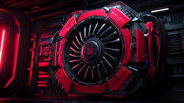 Intricate Red And Black Mechanical Fan In Dark Futuristic Setting