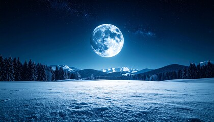 Full Moon Shining Over a Pure White Snowfield on a Cold Winter Night