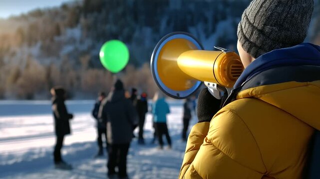 Back-view faceless group on a snowy open field, spotlight creating soft bokeh, megaphone catching a rim of light, winter sports preparation vibe, with copy space