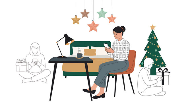Woman Working at Desk with Christmas Tree and Decorations.