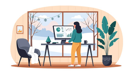 Fototapeta premium Woman Working at Home Office with Winter View.