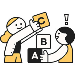 Two people learning letters A B C with yellow and black blocks on transparent background simple illustration style for education concept