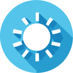 Simple Icon of a White Sun With Rays Set Against A Bright Cyan Circle With Long Shadow Symbolizing Daylight Or Brightness And Clarity On Transparent Background
