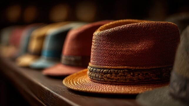 Row of Stylish Straw Hats: Close-Up of Colorful Fedora Hats on Wooden Shelf in a Vintage Shop