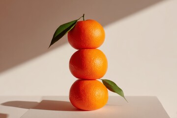 Three matte mandarins stacked on white surface with soft shadows.