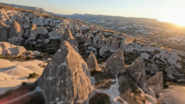 Cappadocia Fairy Chimneys Aerial Sunrise Golden Hour Sunlight