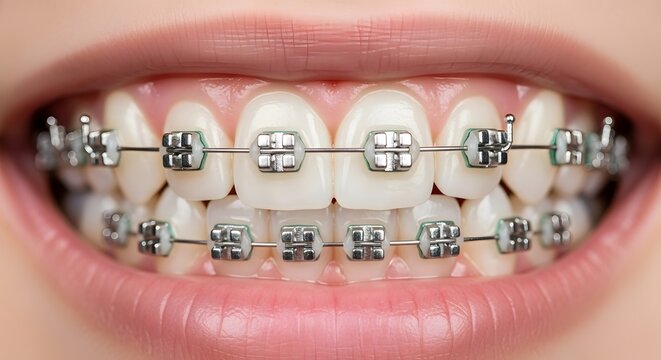 Close-up of teeth with metal braces on the upper and lower rows.