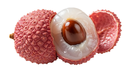 Close up of a lychee fruit with a textured pink peel and translucent white flesh with a dark brown seed