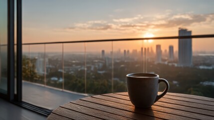 Obraz premium Coffee Cup on Balcony Table with Cityscape View at Sunrise, Morning Beverage, Relaxation, Urban Living, Beautiful Light and Warmth