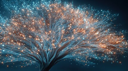 Abstract Glowing Tree with Blue Branches and Golden Lights, Artificial Intelligence Concept, Futuristic Technology Background