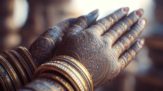 Close-up of hands adorned with intricate henna designs and shimmering golden bangles