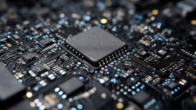 Close-up of a modern computer motherboard with microchips and electronic components