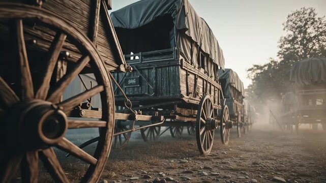Eerie procession of wooden covered wagons on a dusty path under a misty sky creates