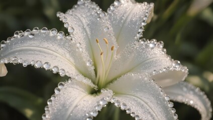 Fototapeta premium Close-up of a white lily with water droplets, delicate details, green background, soft light