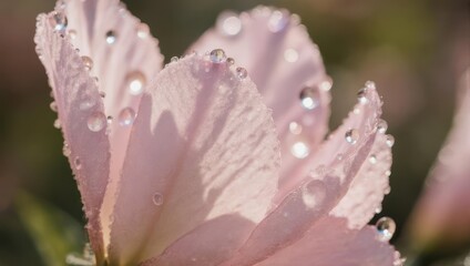 Fototapeta premium Close-up of a pink flower petal adorned with glistening water droplets, basking in sunlight