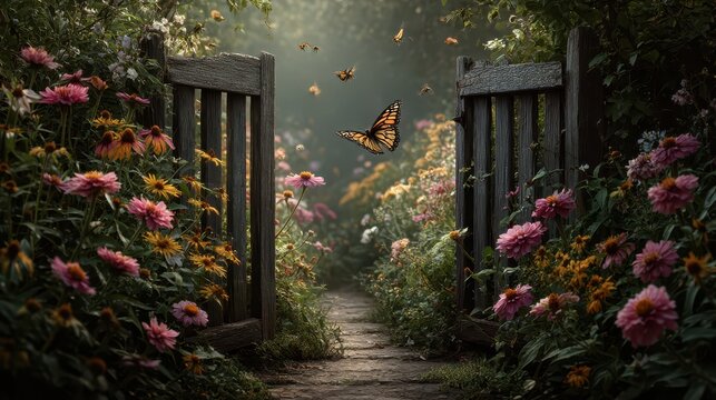 Enchanted Garden Gate with Monarch Butterflies and Blooming Flowers, Rustic Wooden Entrance to a Dreamy Floral Landscape, Summer Nature Scene