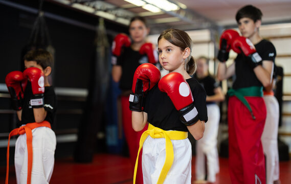 Group of children and teenagers with boxing gloves train boxing punches in studio - Powered by Adobe
