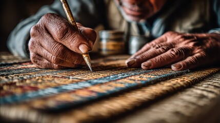 Obraz premium Close-up of Elderly Artisan Hand Painting Intricate Details on Traditional Textile with Fine Brush, Craftsmanship and Cultural Heritage