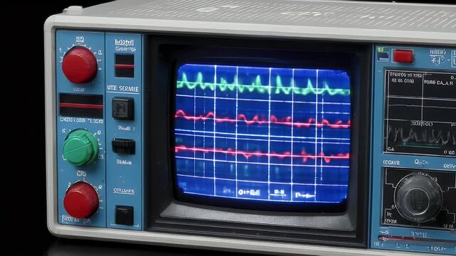 Oscilloscope displaying waveforms, a device used in electronics and signal processing.