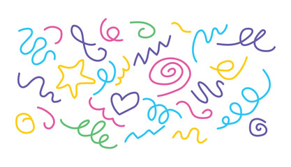 Colorful Hand Drawn Doodle Squiggles and Scribble Line Decorative Abstract Elements Set Isolated on White Background