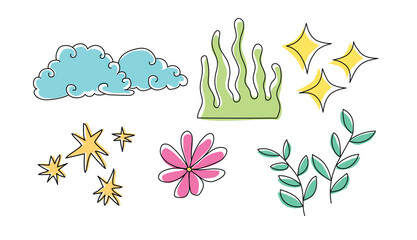 Pastel Hand Drawn Decorative Nature Elements Doodle Set with Clouds Stars Leaves and Flower Isolated on White Background