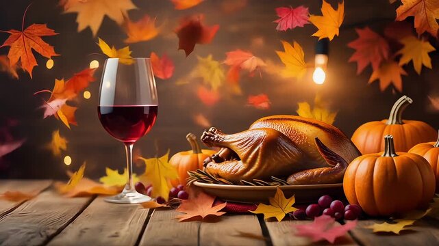 A seamless cinemagraph loop of a Thanksgiving dinner table. A roasted turkey, pumpkins, wine, and falling autumn leaves create a warm, festive holiday scene.