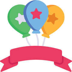 Three colorful balloons green blue yellow with stars and a red ribbon banner on a transparent background festive celebration concept